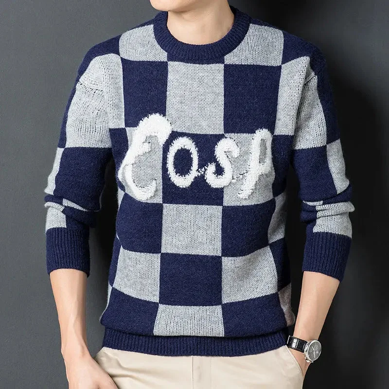 British Style Thickened Warm Soft Round Neck Plaid Sweater