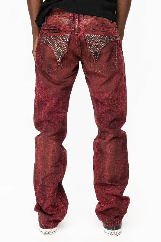 Versatile Casuals KILLER FLAP STRAIGHT LEG JEANS WITH FULL CRYSTALS IN OIL RED SPECIALTY WASH Versatile Casuals KILLER FLAP STRAIGHT LEG JEANS WITH FULL CRYSTALS IN OIL RED SPECIALTY WASH