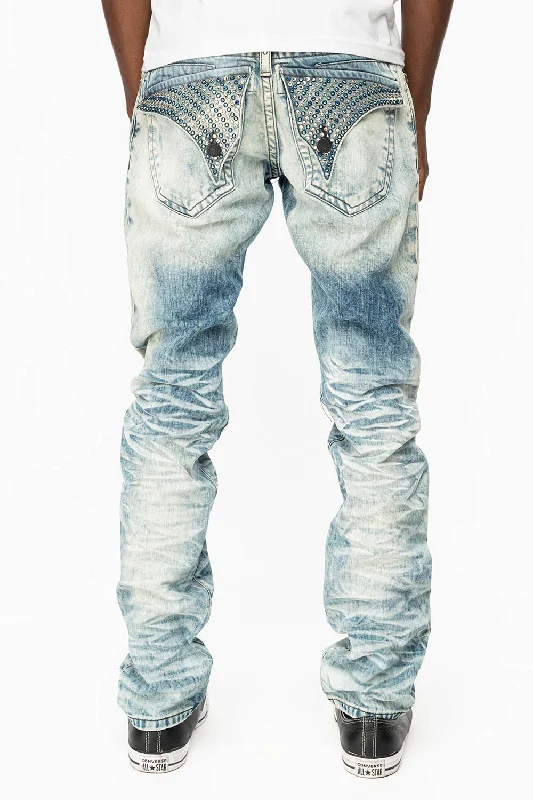 Comfy Dress MENS LONG FLAP SLIM JEANS WITH FULL CRYSTALS IN D WASH WHITE DNM