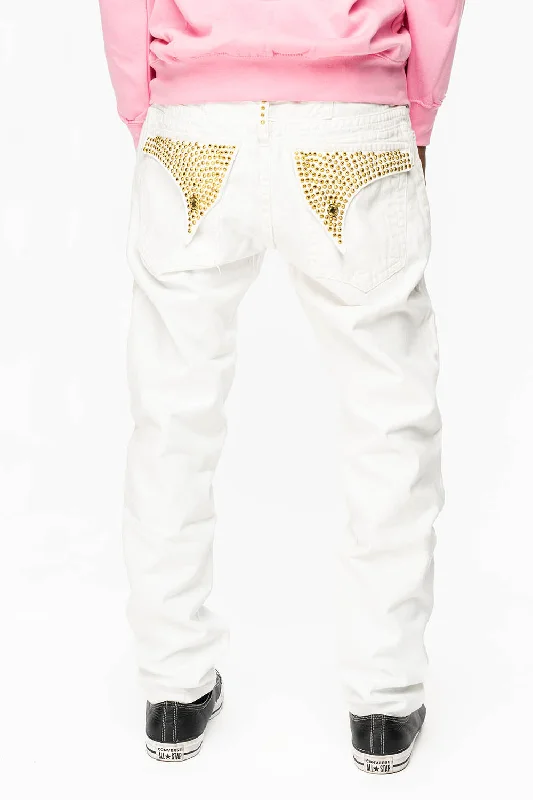 Cozy Apparel MENS LONG FLAP SLIM JEANS WITH FULL AURUM CRYSTALS IN PURE WHITE DNM