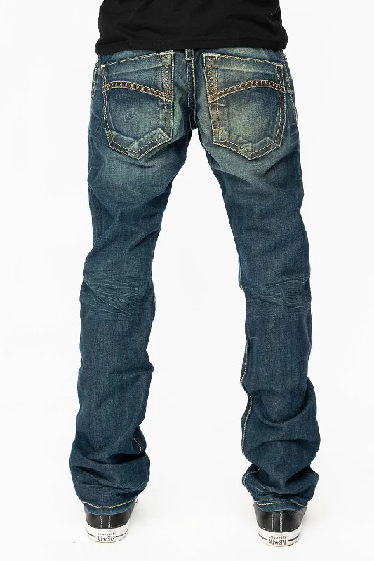 Relaxed Weekend Wear MENS CLASSIC 5 POCKET STRAIGHT LEG JEANS IN BLUE DARK WASH WITH STUDS
