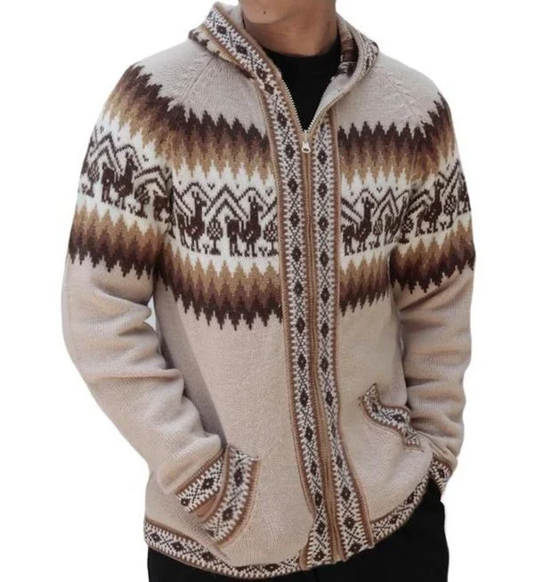 Fashionable Prints Mens Little Llamas Hooded Sweater Alpaca Wool Knitted Jacket Hoodie