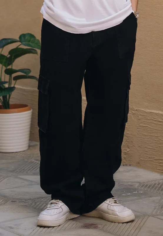 Free And Comfortable Baggy Fit Cargo Pocket Jeans - Black