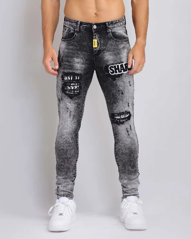 Sporty Wear Irregular Wash Ripped Black Jeans with Black Patches