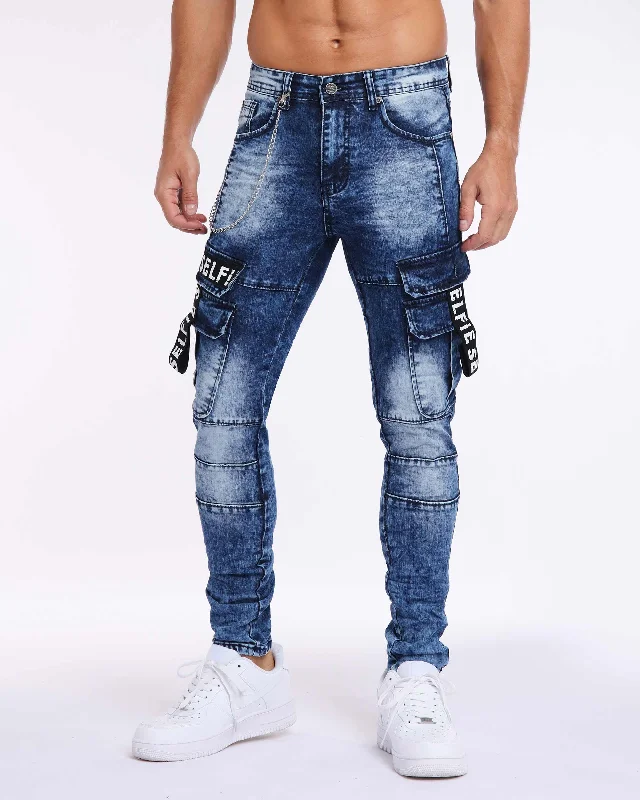 Relaxed Jackets Printed Webbing Workwear Slim Fit Blue Jeans