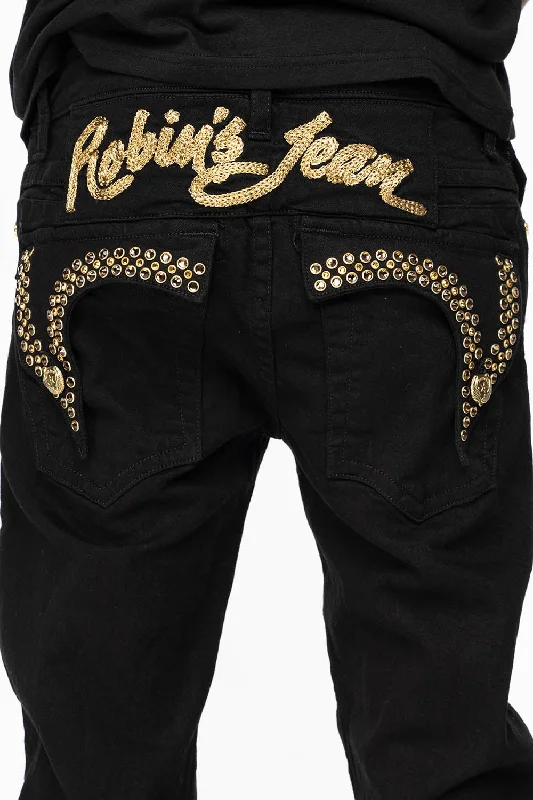 Versatile Style KILLER FLAP MENS SKINNY JEANS IN PURE BLACK WITH GOLD ROBIN’S LOGO AND GOLD AURUM CRYSTALS Versatile Style KILLER FLAP MENS SKINNY JEANS IN PURE BLACK WITH GOLD ROBIN’S LOGO AND GOLD AURUM CRYSTALS