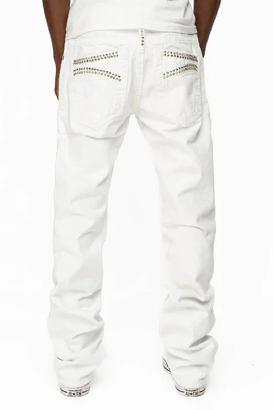 MENS CLASSIC 5 POCKET STRAIGHT LEG JEANS IN WHITE WITH STUDS AND CRYSTALS