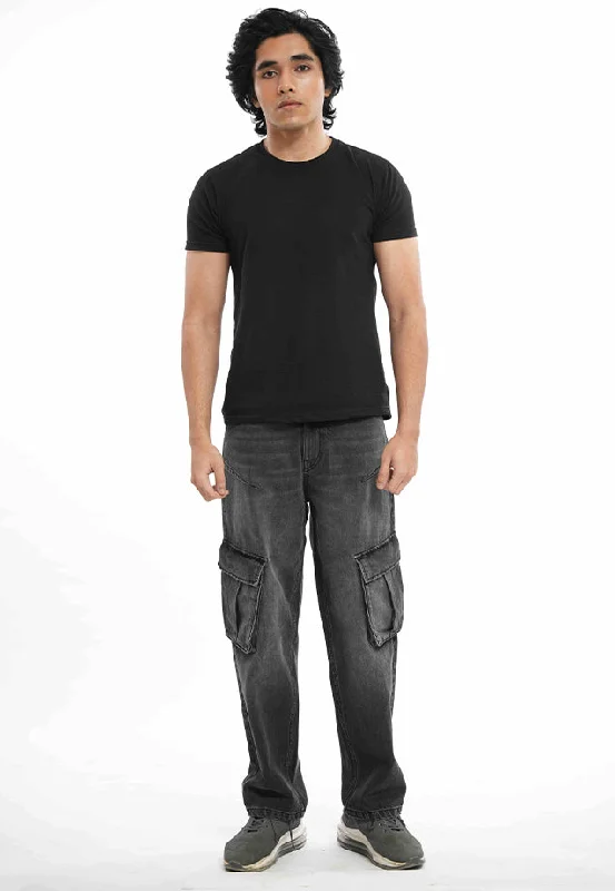 Embroidery Design Utility Pocket Jeans - Dark Grey Wash