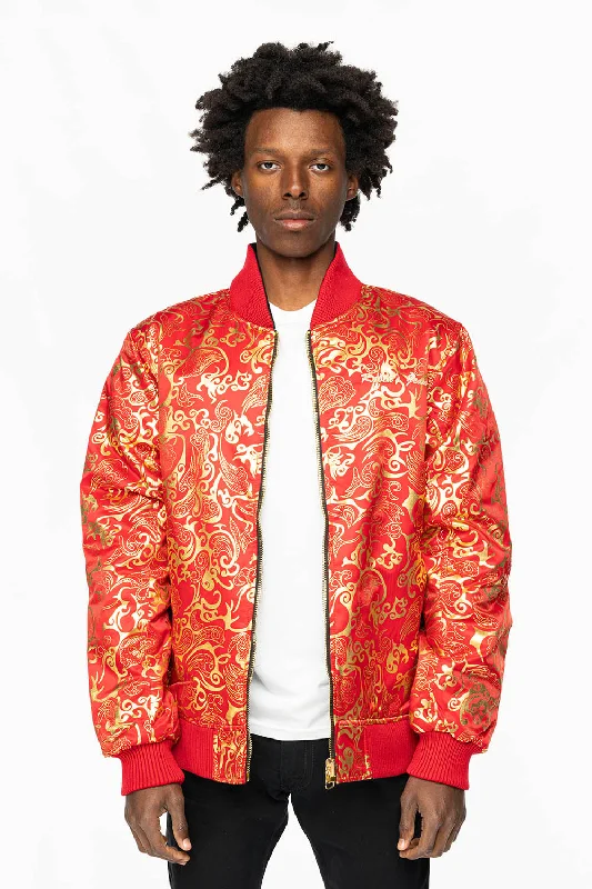Chic Comfort ROBIN’S REVERSIBLE VARSITY BOMBER JACKET IN RED/GOLD