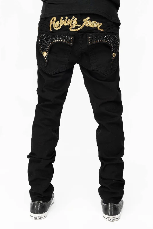 Modern Chic KILLER FLAP MENS SKINNY JEANS IN PURE BLACK WITH GOLD ROBIN’S LOGO AND FULL CRYSTALS Modern Chic KILLER FLAP MENS SKINNY JEANS IN PURE BLACK WITH GOLD ROBIN’S LOGO AND FULL CRYSTALS