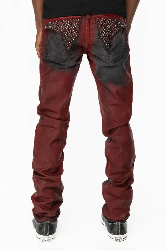 Easy Comfort Style LONG FLAP SLIM FIT MENS JEANS WITH CRYSTALS & STUDS IN BLACK IRENE RED COATED WASH