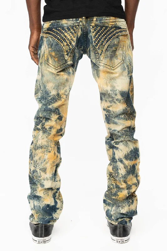 Relaxed Looks MENS LONG FLAP SLIM  RIPPED JEANS WITH  FULL CRYSTALS  IN SYDNEY WASH