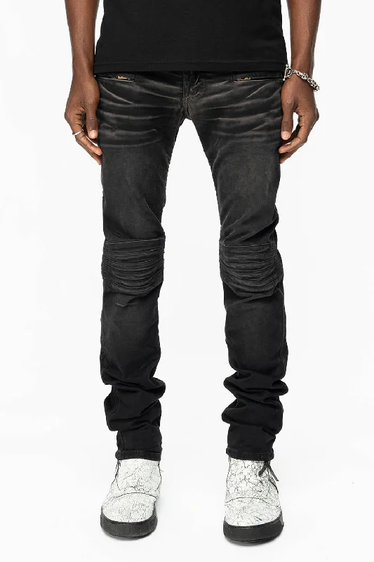 Smart Casuals MENS MOTO BIKER JEANS IN BLACK PIGMENT SPRAY WASH