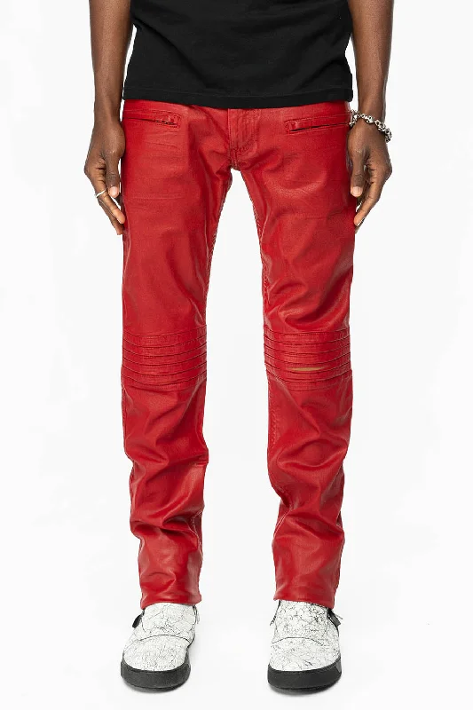 Versatile Comfort MENS MOTO BIKER JEANS IN SPECIAL RED WASH WITH COATING