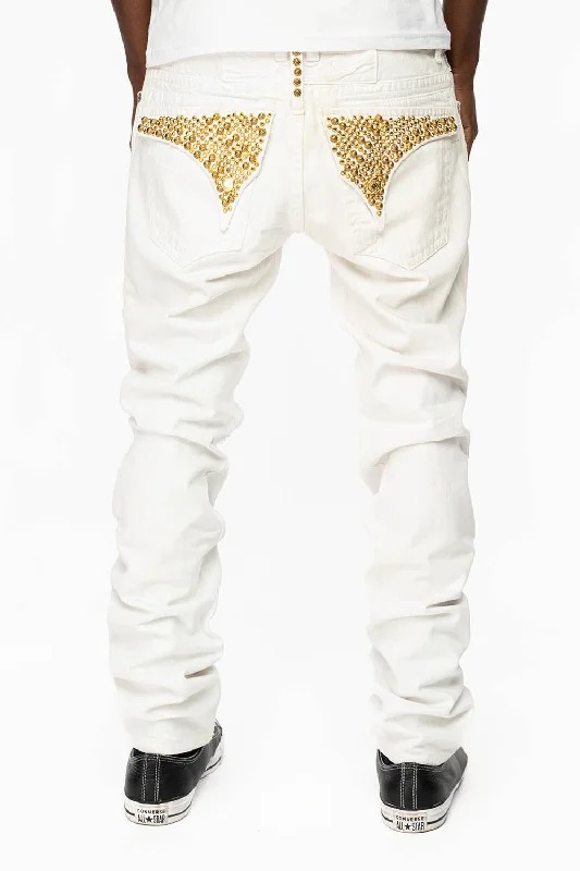 Comfortable Dresses MENS LONG FLAP SLIM JEANS WITH PARACHUTE STUDS AND AURUM CRYSTALS IN PURE WHITE BROKEN REPAIRED DNM Comfortable Dresses MENS LONG FLAP SLIM JEANS WITH PARACHUTE STUDS AND AURUM CRYSTALS IN PURE WHITE BROKEN REPAIRED DNM