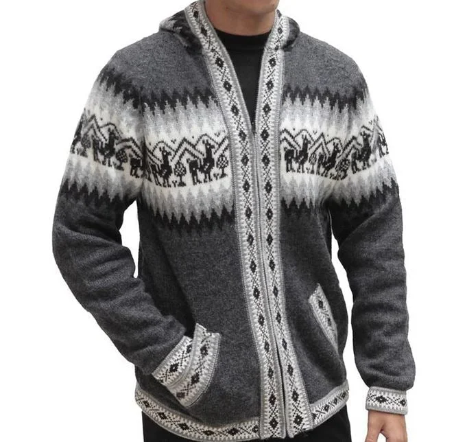 Comfortable And Versatile Mens Little Llamas Hooded Sweater Alpaca Wool Knitted Jacket Hoodie