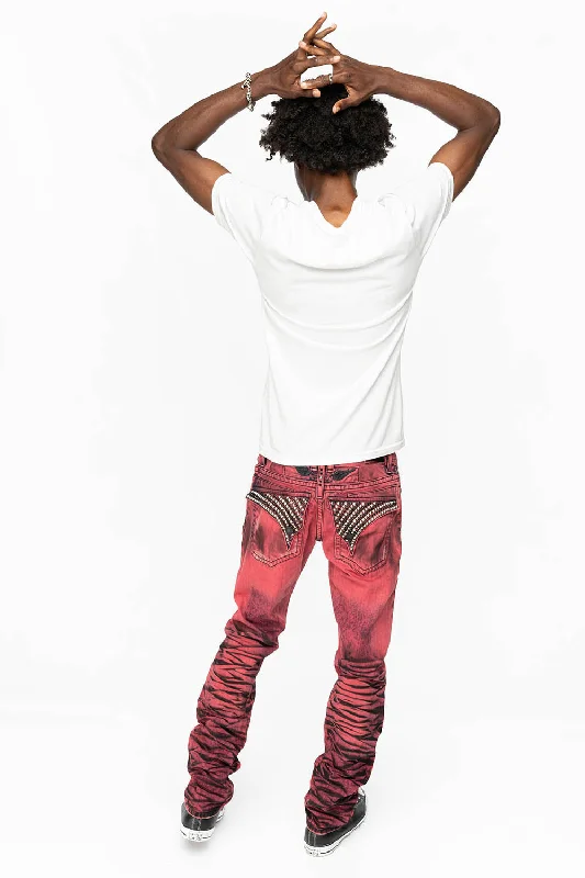 Cozy Outfit KILLER FLAP SLIM LEG JEANS WITH  CRYSTALS AND NAILHEAD IN RED WASH BLACK