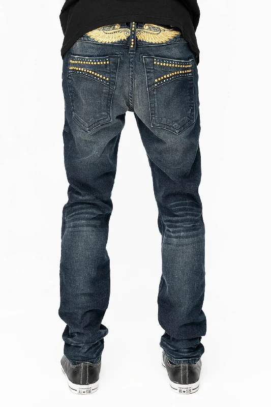 Breathable Style SKINNY MENS JEANS IN 4 D DARK BLUE WASH WITH BLUE SAPPHIRE CRYSTALS AND FROSTY GOLD NAILHEAD Breathable Style SKINNY MENS JEANS IN 4 D DARK BLUE WASH WITH BLUE SAPPHIRE CRYSTALS AND FROSTY GOLD NAILHEAD