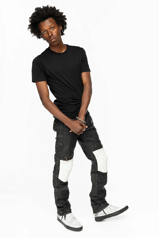 Soft Touch MENS BIKER JEANS IN DY FABRIC IN BLACK WASH WITH WHITE INSERTS WITH STUDS AND CRYSTALS