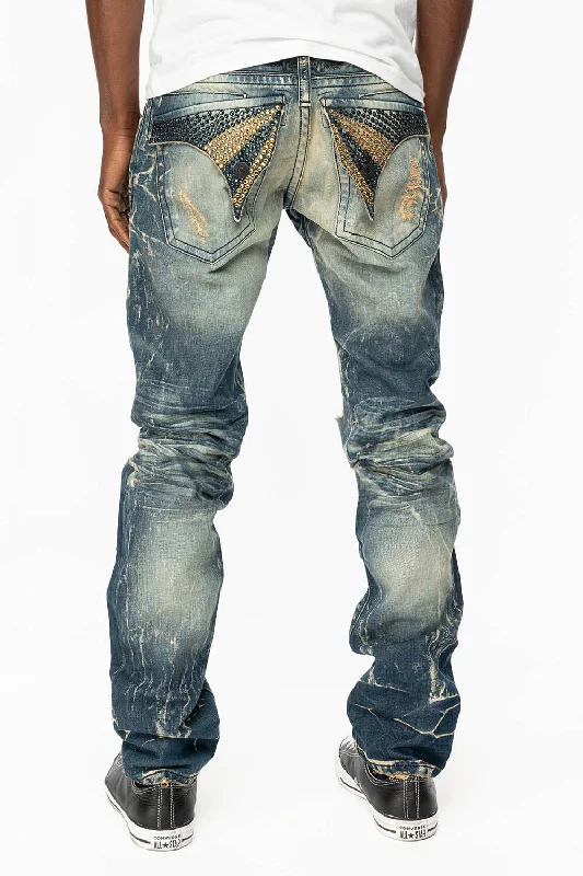 Relaxed Tops MENS LONG FLAP SLIM JEANS WITH FULL CRYSTALS IN 4D DARK BROKEN DNM
