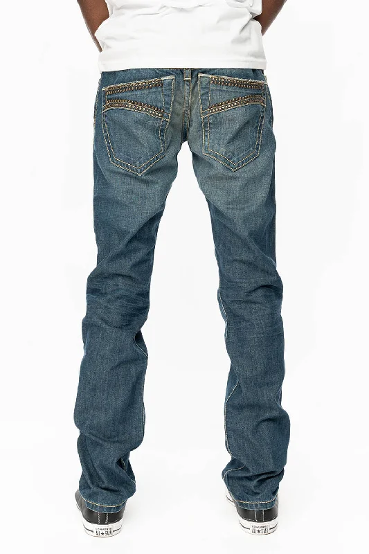 Cozy Street Style MENS CLASSIC 5 POCKET STRAIGHT LEG JEANS IN 3D MEDIUM WASH WITH STUDS AND CRYSTALS