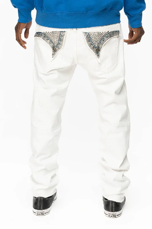 Effortless Dressing MENS LONG FLAP SLIM JEANS WITH FULL CLEAR & SAPPHIRE CRYSTALS IN PURE WHITE DNM Effortless Dressing MENS LONG FLAP SLIM JEANS WITH FULL CLEAR & SAPPHIRE CRYSTALS IN PURE WHITE DNM