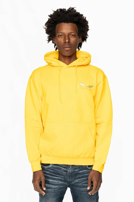 Comfortable Sweaters PULLOVER HOODIE IN YELLOW WITH GOLD WINGS EMBROIDERY