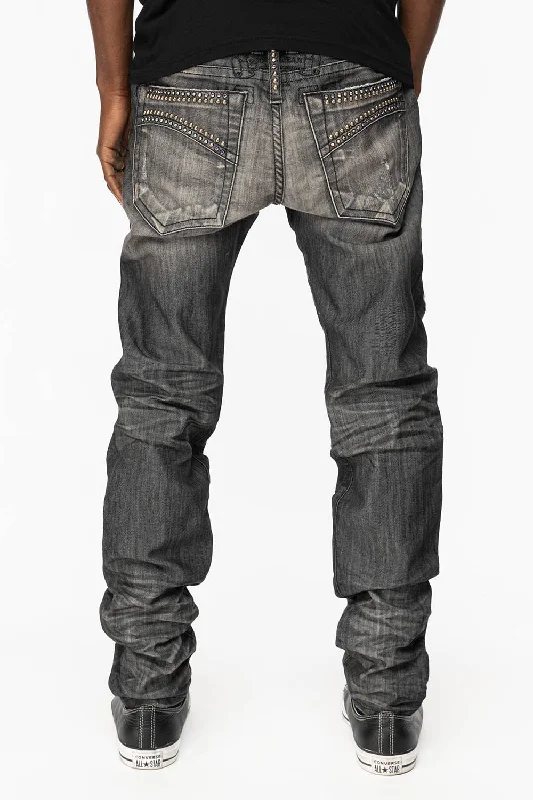 Fashionable Comfort BIG MARLON 5 POCKET SLIM FIT MENS JEANS IN ALBANY BLACK BROKEN WITH CRYSTALS