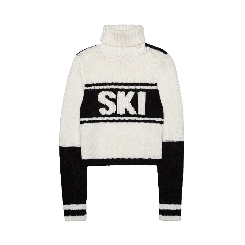 Cozy Lounge Wear Cropped Vintage Ski Turtleneck Sweater in Ivory Black