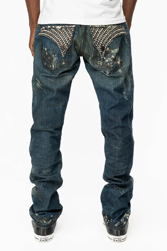Effortless Outfits KILLER FLAP STRAIGHT LEG JEANS WITH CRYSTALS AND PYRAMID IN JUPITER BLUE SPECIALTY WASH Effortless Outfits KILLER FLAP STRAIGHT LEG JEANS WITH CRYSTALS AND PYRAMID IN JUPITER BLUE SPECIALTY WASH