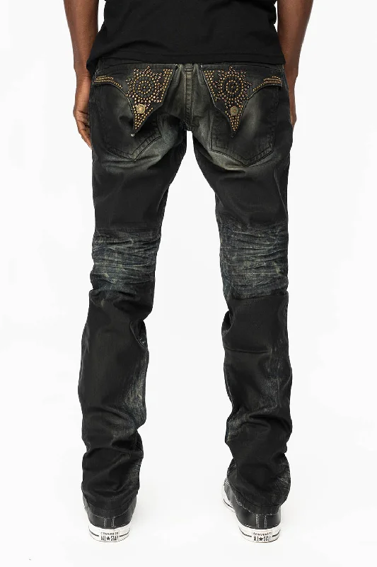 Comfy Pants MENS LONG FLAP SLIM JEANS WITH CRYSTALS AND NAILHEADS IN 5D SEMI COATING DNM Comfy Pants MENS LONG FLAP SLIM JEANS WITH CRYSTALS AND NAILHEADS IN 5D SEMI COATING DNM