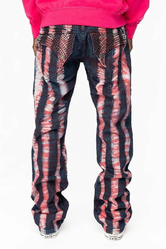 Soft Layers GYPSY STRAIGHT LEG RE-PATCHED JEANS WITH LONG FLAP EMBELLISHED WITH FULL RED CRYSTALS IN PRISONER RED