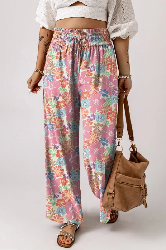 Spring Fashion Drawstring Printed Wide Leg Pants