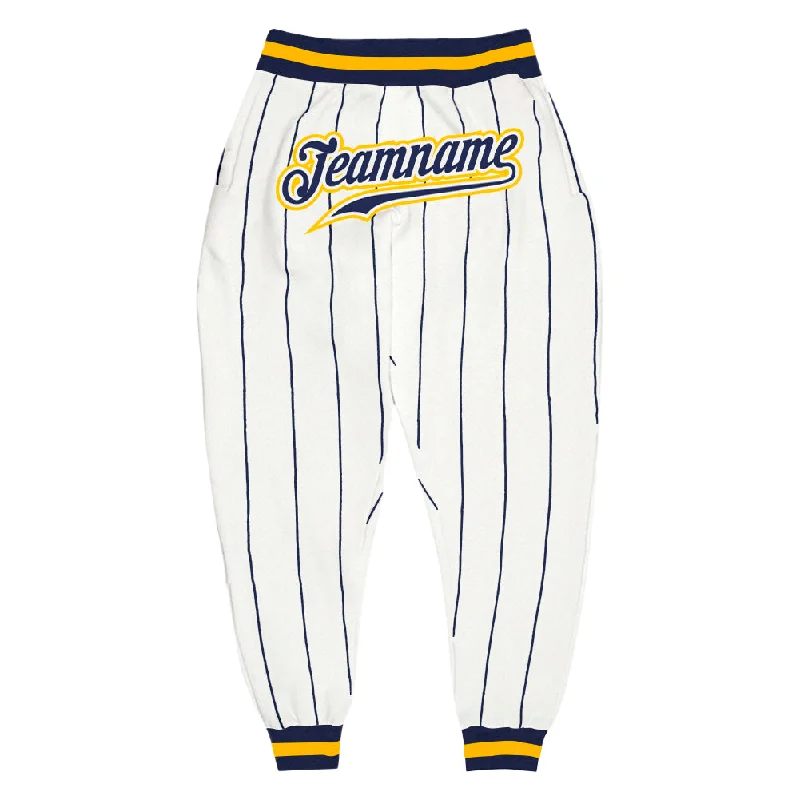 Fresh And Simple Custom White Navy Pinstripe Navy-Gold Sports Pants