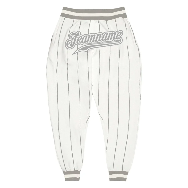 Embroidered Letters Custom White Gray Pinstripe Gray-White Sports Pants