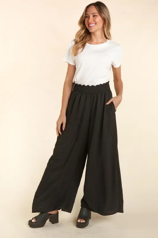 Fashion Style Haptics Elastic Waist Wide Leg Pants with Pockets