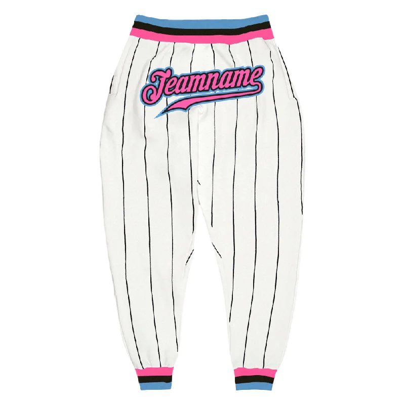 Eye-catching Personality Custom White Black Pinstripe Pink-Light Blue Sports Pants