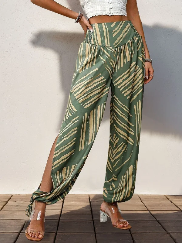 Retro Fashion Smocked Slit Printed High Waist Pants