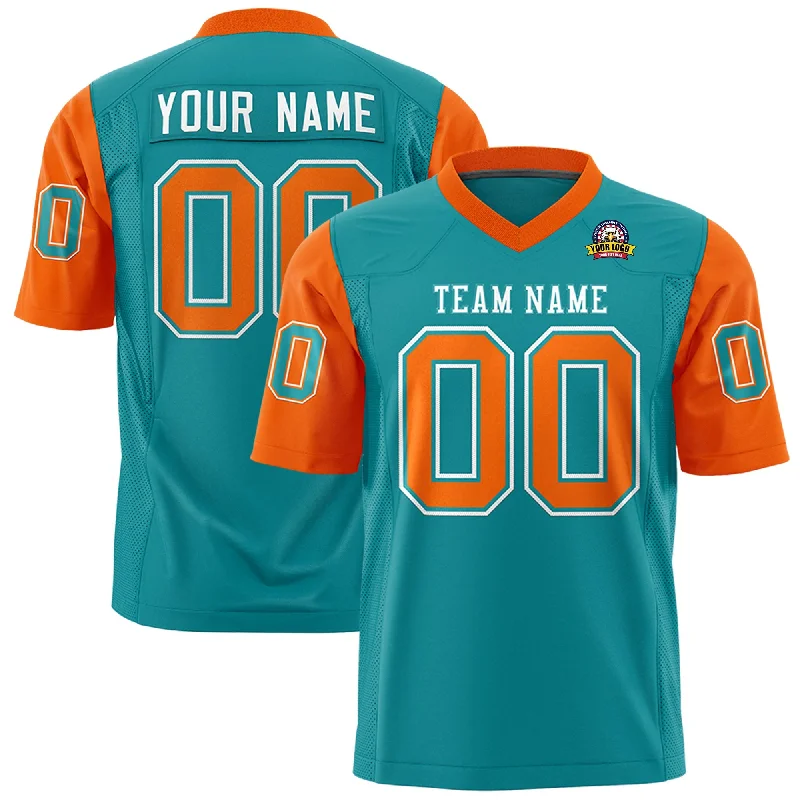 Fashionable Prints Custom Aqua Orange Personalized Raglan Sleeves Design Authentic Football Jersey