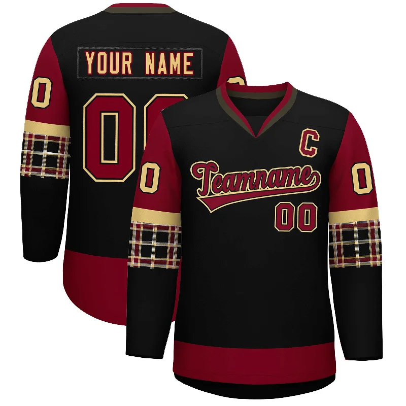 Exquisite Craftsmanship Custom Black Crimson-Khaki Personalized Raglan Sleeves V-Neck Hockey Jersey Exquisite Craftsmanship Custom Black Crimson-Khaki Personalized Raglan Sleeves V-Neck Hockey Jersey