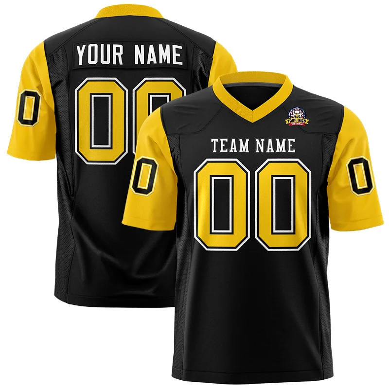 Soft Knitwear Custom Black Gold Personalized Raglan Sleeves Design Authentic Football Jersey Soft Knitwear Custom Black Gold Personalized Raglan Sleeves Design Authentic Football Jersey