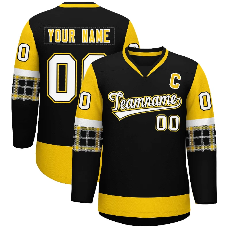 Romantic Temperament Custom Black Gold-White Personalized Raglan Sleeves V-Neck Hockey Jersey Romantic Temperament Custom Black Gold-White Personalized Raglan Sleeves V-Neck Hockey Jersey