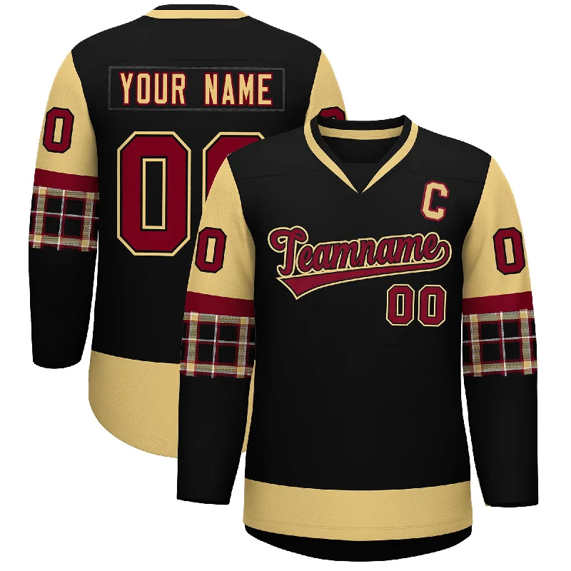 Simple Elegance Custom Black Khaki-Crimson Personalized Raglan Sleeves V-Neck Hockey Jersey Simple Elegance Custom Black Khaki-Crimson Personalized Raglan Sleeves V-Neck Hockey Jersey