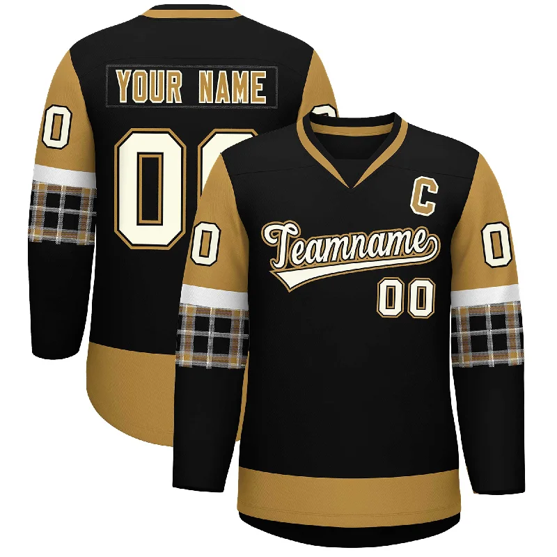 European Plan Custom Black Old Gold-White Personalized Raglan Sleeves V-Neck Hockey Jersey European Plan Custom Black Old Gold-White Personalized Raglan Sleeves V-Neck Hockey Jersey