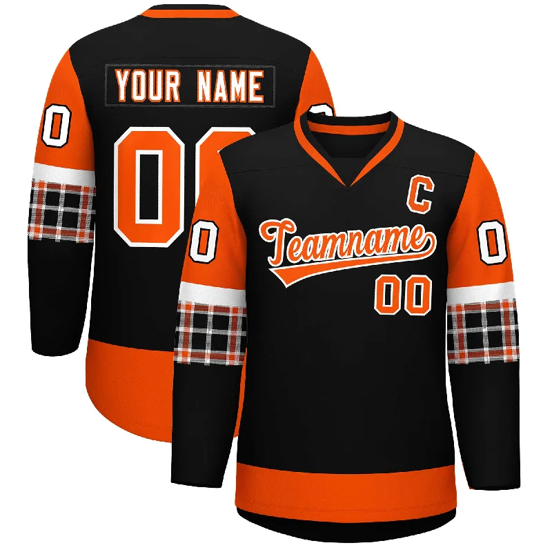 Breezy Style Custom Black Orange-White Personalized Raglan Sleeves V-Neck Hockey Jersey Breezy Style Custom Black Orange-White Personalized Raglan Sleeves V-Neck Hockey Jersey