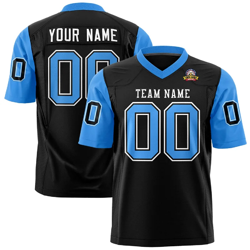 Modern Chic Custom Black Powder Blue Personalized Raglan Sleeves Design Authentic Football Jersey Modern Chic Custom Black Powder Blue Personalized Raglan Sleeves Design Authentic Football Jersey