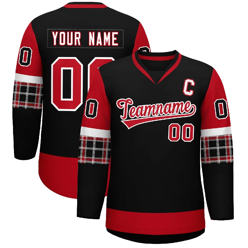 Energy Wear Custom Black Red-White Personalized Raglan Sleeves V-Neck Hockey Jersey