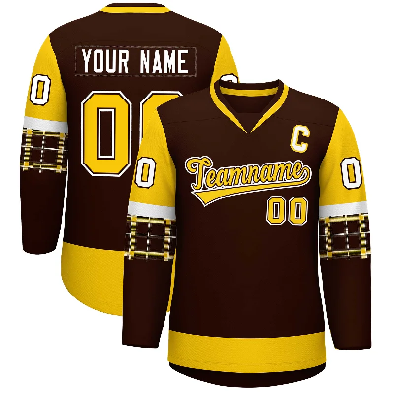 Breezy Comfort Custom Brown Gold-White Personalized Raglan Sleeves V-Neck Hockey Jersey Breezy Comfort Custom Brown Gold-White Personalized Raglan Sleeves V-Neck Hockey Jersey
