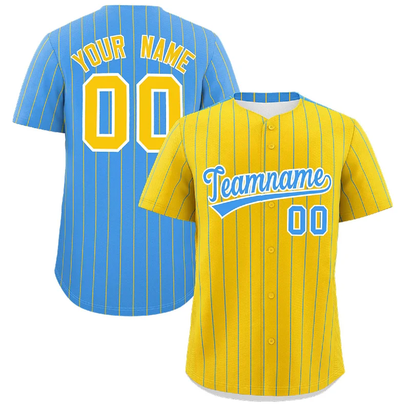 Cozy Fashion Custom Gold Powder Blue Pinstripe Personalized Two-Tone Authentic Baseball Jersey Cozy Fashion Custom Gold Powder Blue Pinstripe Personalized Two-Tone Authentic Baseball Jersey