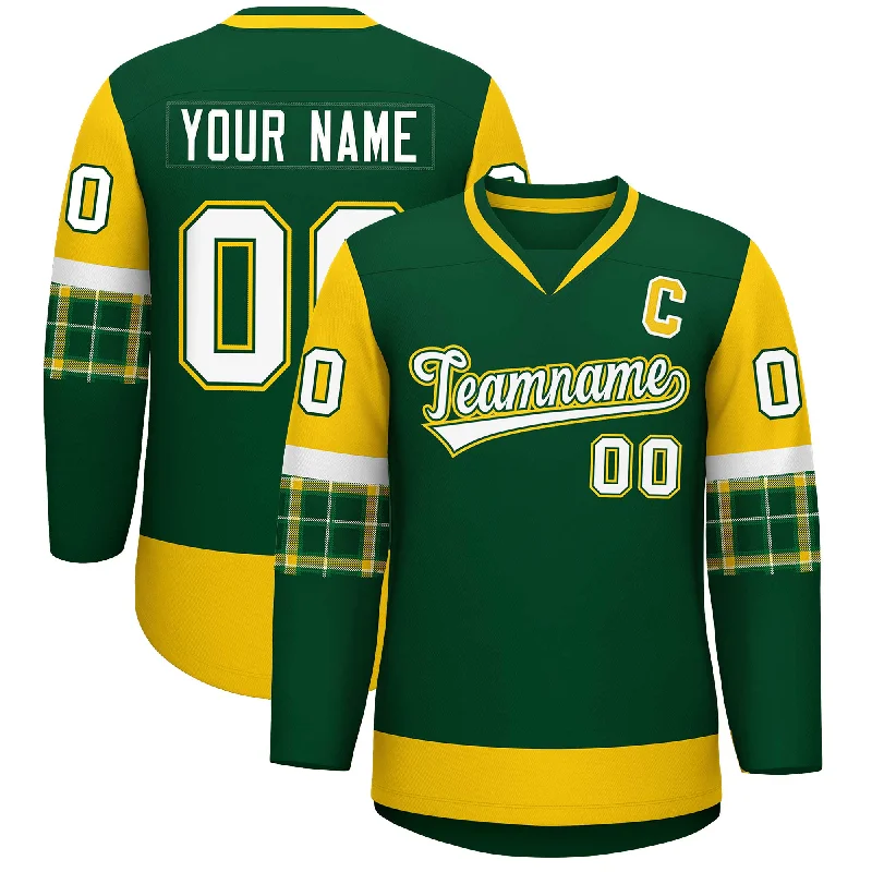 Timeless Style Custom Green Gold-White Personalized Raglan Sleeves V-Neck Hockey Jersey